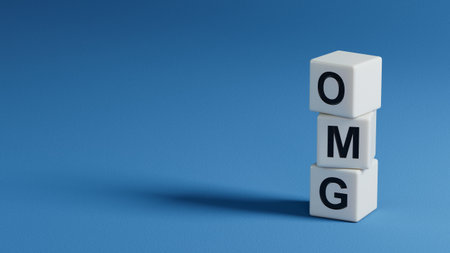 Wooden elements form the word OMG. Concept of the word OMG, expression in communication of reaction and emotions - shock, wow, surprise, laughter. 3D rendering on blue background.の写真素材