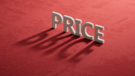 Price symbol. shadow of 3d charcaters with word Price.Price concept. Copy space.close up of shadow of 3d charcaters,Business Concept.3D rendering on red background.の写真素材