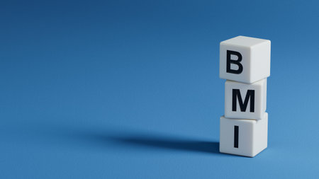 Cubes form the expression BMI (Body Mass Index).3D rendering on blue background.の写真素材