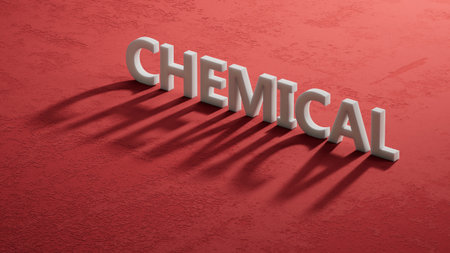 CHEMICAL text word on shadow of 3d charcaters.3D rendering on red background.の写真素材