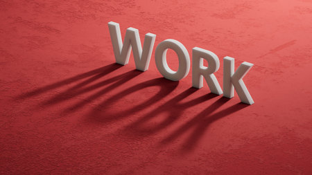 Word WORK. shadow of 3d characters with letters isolated on a laptop keyboard. close up of shadow of 3d characters, Business Concept. 3D rendering on red background.の写真素材