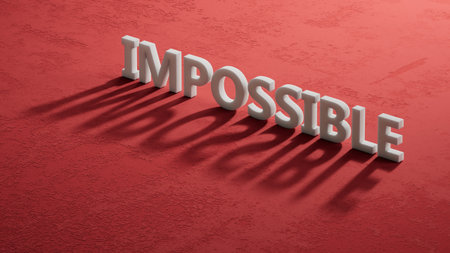 impossible.shadow of 3d charcaters spelling.Flat lay view from above on red background with shadow of 3d charcaters buttons.IT technology concept.3D rendering on red background.の写真素材