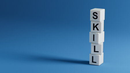 Word skill, Wooden small wooden elements with letters with copy space available.close up of wooden elements,Business Concept.3D rendering on blue background.の写真素材