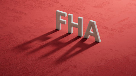 the word FHA is written on shadow of 3d characters. close up of shadow of 3d characters, Business Concept. 3D rendering on red background.の写真素材