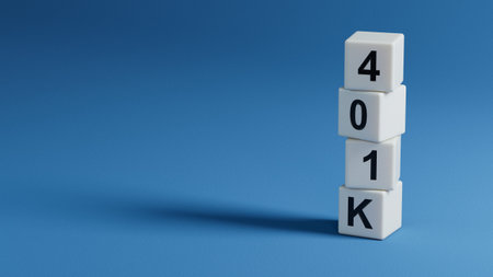 wooden elements with 401K business word. Mission, Vision and core values concept.close up of wooden elements,Business Concept.3D rendering on blue background.の写真素材