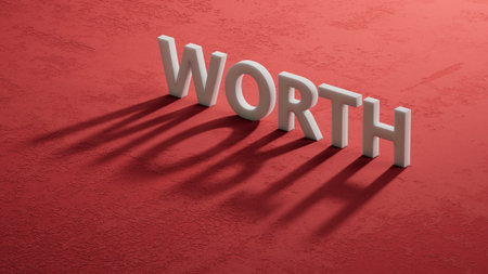 shadow of 3d characters with WORTH business word. Mission, Vision and core values concept. 3D...