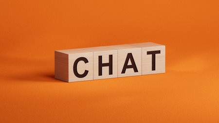 Chat.wooden cubes spelling.Flat lay view from above on wooden cubes buttons.IT technology concept.3D rendering on orange background.の写真素材