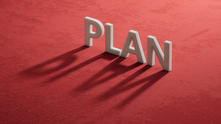 Flat lay view from above on shadow of 3D characters spelling 'PLAN'. IT technology concept. 3D rendering on red background.の写真素材