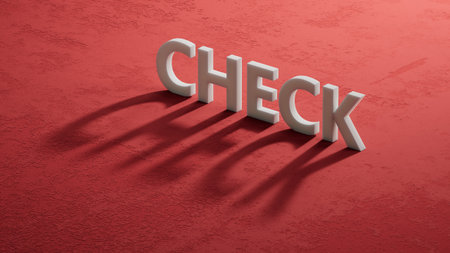 shadow of 3d charcaters with CHECK business word. Mission, Vision and core values concept.close up of shadow of 3d charcaters,Business Concept.3D rendering on red background.の写真素材