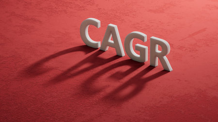 Word CAGR on wooden cubes with copy space.close up of wooden elements,Business Concept.3D rendering on red background.の写真素材