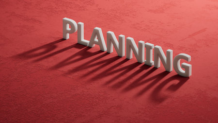 Planning.shadow of 3d characters spelling.Flat lay view from above on red background with shadow of 3d characters buttons.IT technology concept.3D rendering on red background.の写真素材