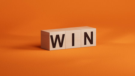 Win on wooden cubes. Business. Strategy.close up of wooden cubes,Business Concept.3D rendering on orange background.の写真素材