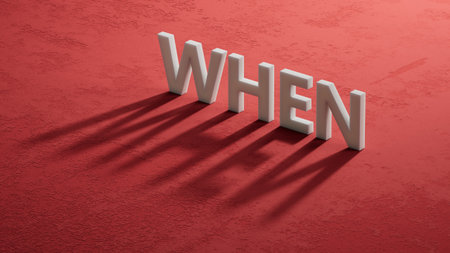 When? - word concept. Minimalist Abstract Design With close up of shadow of 3d charcaters,3D rendering on red background.の写真素材
