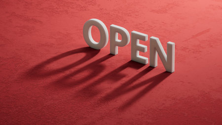 Open.shadow of 3d charcaters spelling.Flat lay view from above on red background with shadow of 3d charcaters buttons.IT technology concept.3D rendering on red background.の写真素材