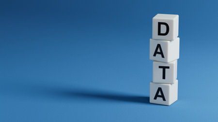 data.wooden elements spelling.Flat lay view from above on wooden elements buttons.IT technology concept.3D rendering on blue background.の写真素材