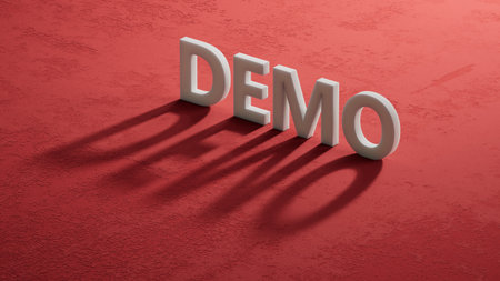 Demo. shadow of 3d charcaters form the word Demo. An extensive concept of the word demo applied in different fields of activity. 3D rendering on red background.の写真素材