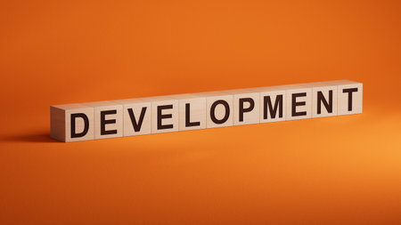 development.3D illustration of wooden cubes.close up of wooden cubes,3D rendering on orange background.の写真素材