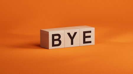 Bye - word concept. Minimalist Abstract Design. close up of wooden cubes,Business Concept. 3D rendering on orange background.の写真素材