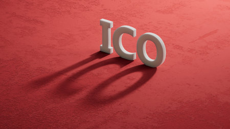 letters of the alphabet of ICO on shadow of 3d characters. ICO - short for initial coin offering. close up of shadow of 3d characters, Business Concept. 3D rendering on red background.の写真素材
