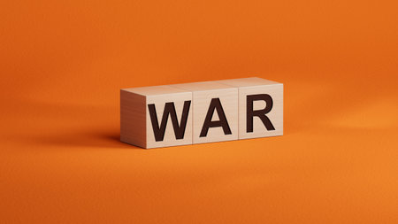 War. wooden cubes form the word War. Concept of war and special operations. 3D rendering on orange background.の写真素材