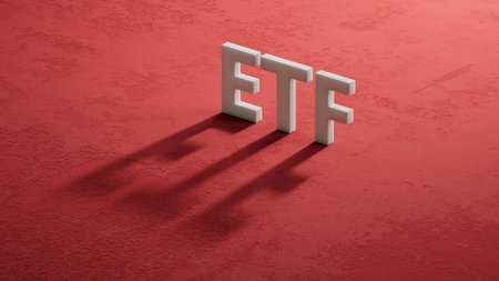 ETF - word concept on building blocks, text, letters.close up of shadow of 3d charcaters,Business Concept.3D rendering on red background.の写真素材