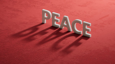 Peace. shadow of 3d characters form the word Peace. An extensive concept of the word Peace used in various areas of business and life. 3D rendering on red background.の写真素材