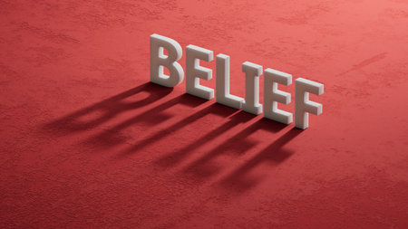 Belief symbol. Concept word Belief on shadow of 3d charcaters.Business and Belief concept. Copy space.Business Concept.3D rendering on red background.の写真素材