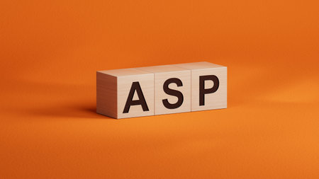 ASP sign on the wooden cubes. Business Concept. Close up of wooden cubes, Business Concept. 3D rendering on orange background.の写真素材