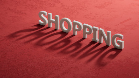 Shopping.3D illustration of shadow of 3d charcaters.close up of shadow of 3d charcaters,3D rendering on red background.の写真素材