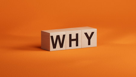 Why Closeup of word with question mark on wooden cubes. Reason why business or relationship concept.3D rendering on orange background.の写真素材