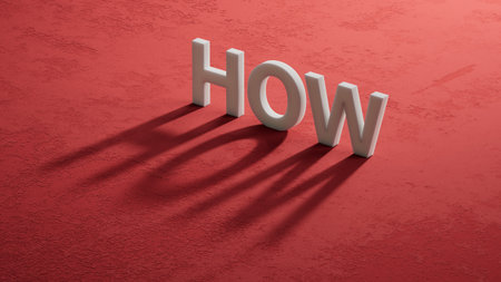 how? .the word spelled out using shadow of 3d charcaters. Education concept.3D rendering on red background.の写真素材