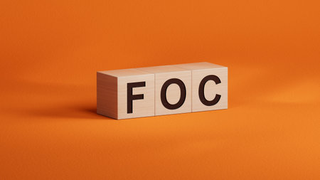 FOC - Business Acronym of Free of charge.3D rendering on orange background.の写真素材