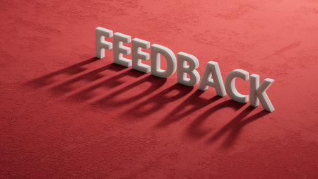 Word FEEDBACK made with shadow of 3d characters. Business concept. Close up of shadow of 3d characters, Business Concept. 3D rendering on red background.の写真素材