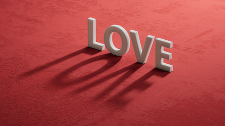 Shadow of 3D characters spelling. Flat lay view from above on shadow of 3D characters buttons. Technology concept. 3D rendering on red background.の写真素材