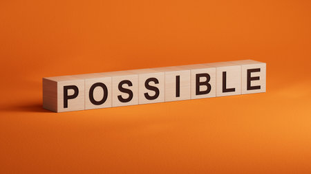 possible.wooden cubes spelling.Flat lay view from above on orange background with wooden cubes buttons.IT technology concept.3D rendering on orange background.の写真素材