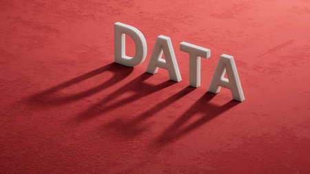 data.shadow of 3d characters spelling.Flat lay view from above on shadow of 3d characters buttons.IT technology concept.3D rendering on red background.の写真素材