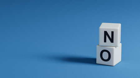 wooden elements with text no. Negative answer concept. No risk, no violence or no discrimination concept. 3D rendering on blue background.の写真素材