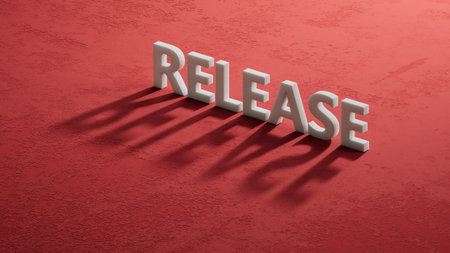 The word release written on shadow of 3d charcaterss. Business and finance concept.close up of shadow of 3d charcaters,Business Concept.3D rendering on red background.の写真素材