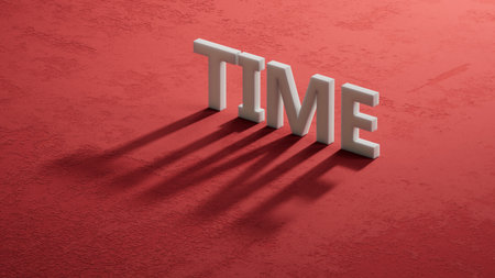 Time.shadow of 3d characters spelling.Flat lay view from above on shadow of 3d characters buttons.IT technology concept.3D rendering on red background.の写真素材