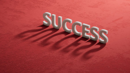 success.shadow of 3d charcaters spelling.Flat lay view from above on red background with shadow of 3d charcaters buttons.IT technology concept.3D rendering on red background.の写真素材