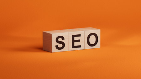 Business and design concept - surreal wooden cubes with text SEO. the symbol of leadership, communication and success.Business Concept.3D rendering on orange background.の写真素材