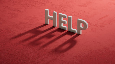 help.shadow of 3d charcaters spelling.Flat lay view from above on shadow of 3d charcaters buttons.IT technology concept.3D rendering on red background.の写真素材