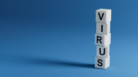 Dice form the word VIRUS .3D rendering on blue background.の写真素材