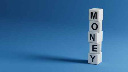 money.wooden elements spelling.Flat lay view from above on blue background with wooden elements buttons.IT technology concept.3D rendering on blue background.の写真素材