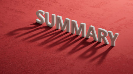 SUMMARY word written on wood shadow of 3d charcaters.3D rendering on red background.