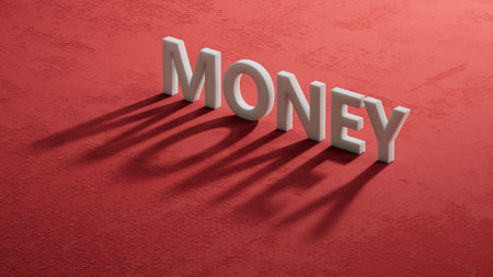 money.shadow of 3d charcaters spelling.Flat lay view from above on red background with shadow of 3d charcaters buttons.IT technology concept.3D rendering on red background.の写真素材