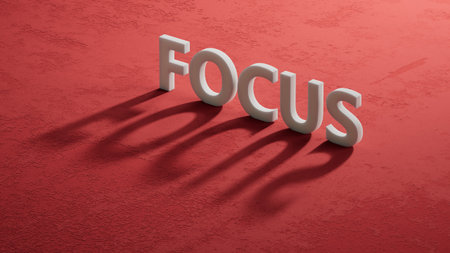 shadow of 3d charcaters with FOCUS business word.close up of shadow of 3d charcaters,Business Concept.3D rendering on red background.の写真素材