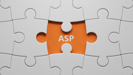 ASP sign on the The white puzzle pieces with missing pieces. Business Concept. Close up of The white puzzle pieces with missing pieces, Business Concept. 3D rendering on orange background.の写真素材