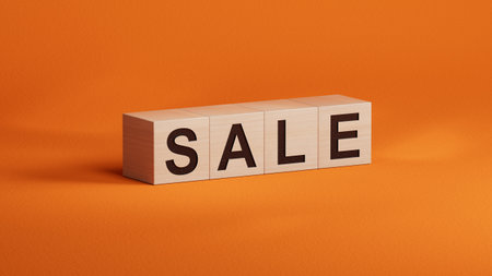 sale.wooden cubes spelling.Flat lay view from above on wooden cubes buttons.IT technology concept.3D rendering on orange background.の写真素材