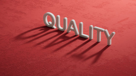 Word QUALITY on shadow of 3d charcaters. Evaluation of good or services business concept.3D rendering on red background.の写真素材